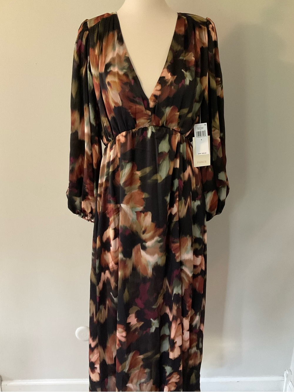 Parker Fall Floral Abstract Print Long Sleeve Maxi Dress Size 4
